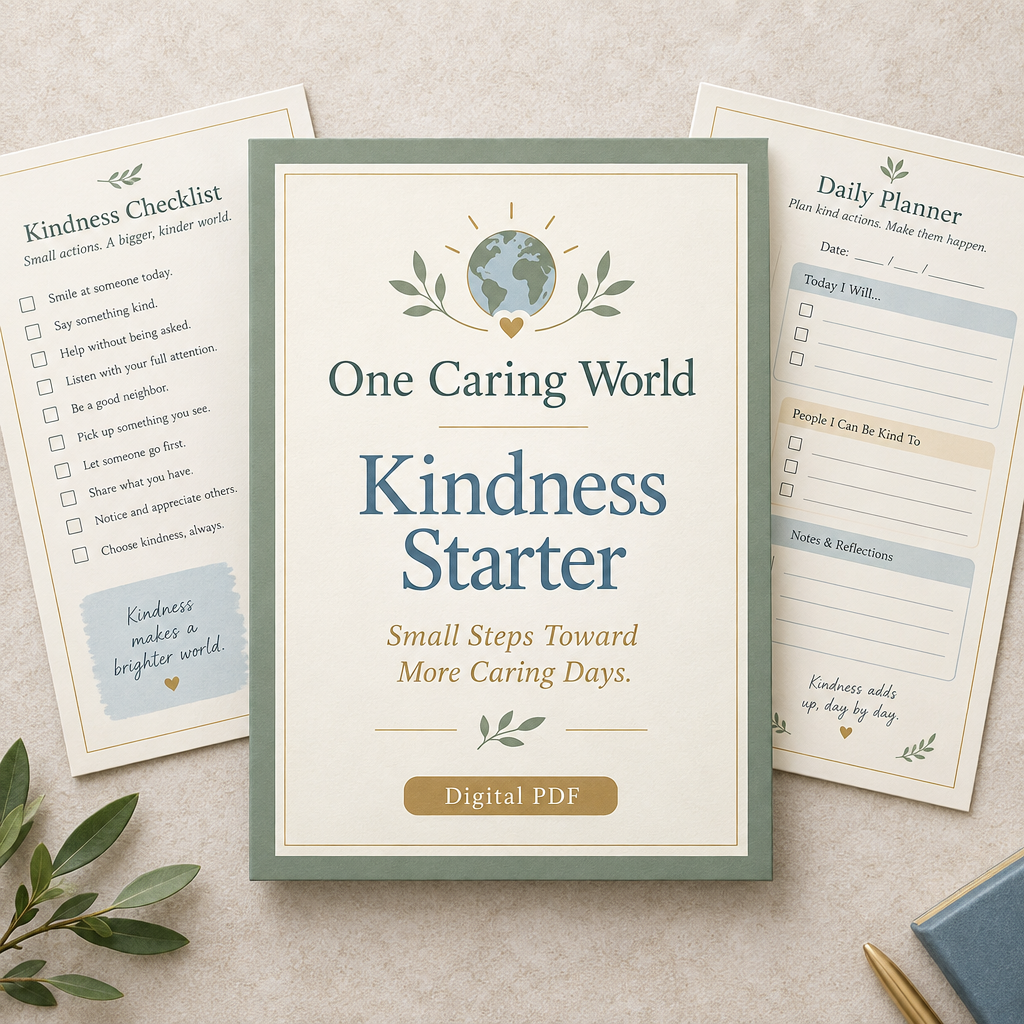 One Caring World Kindness Starter digital PDF workbook cover and planning pages