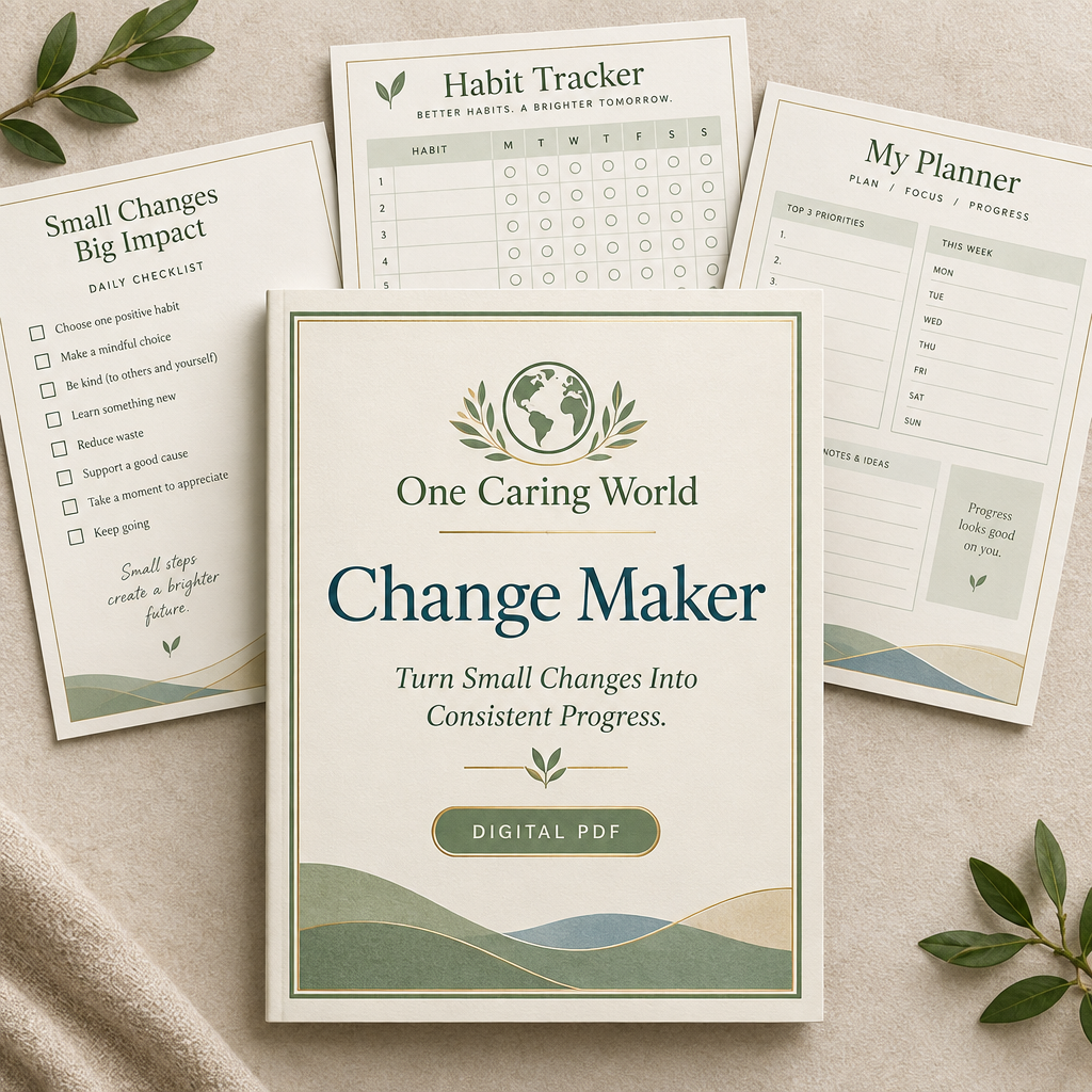 One Caring World Change Maker digital workbook cover and planning pages