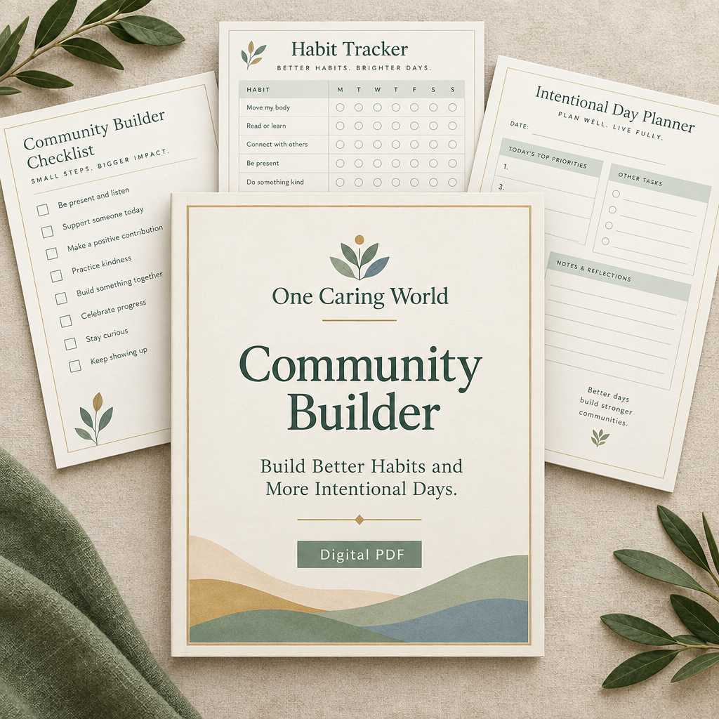 One Caring World Community Builder digital workbook cover and planning pages