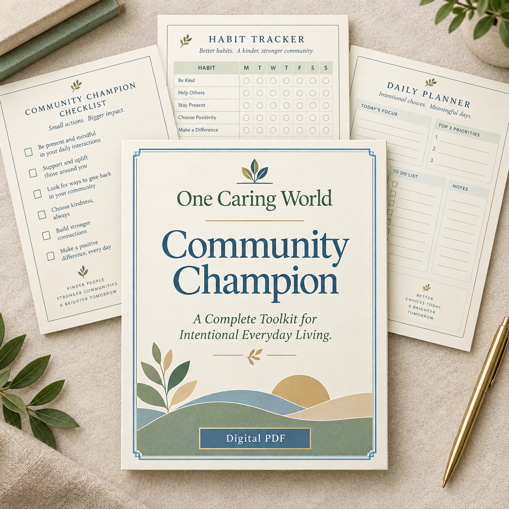 One Caring World Community Champion digital workbook cover and planning pages