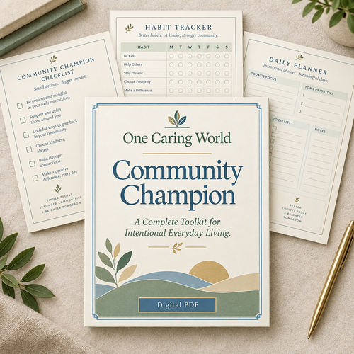 One Caring World Community Champion digital workbook cover and planning pages