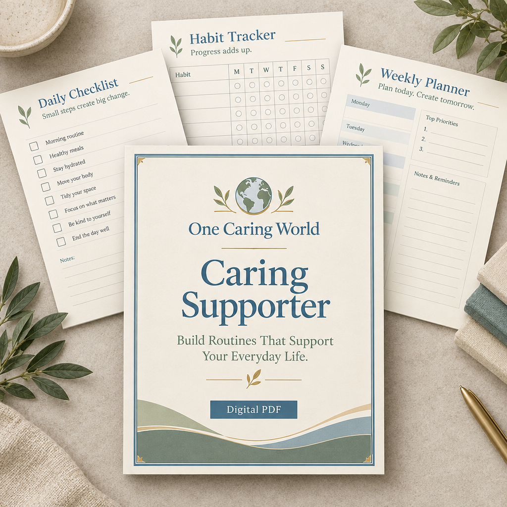 One Caring World Caring Supporter digital workbook cover and planning pages