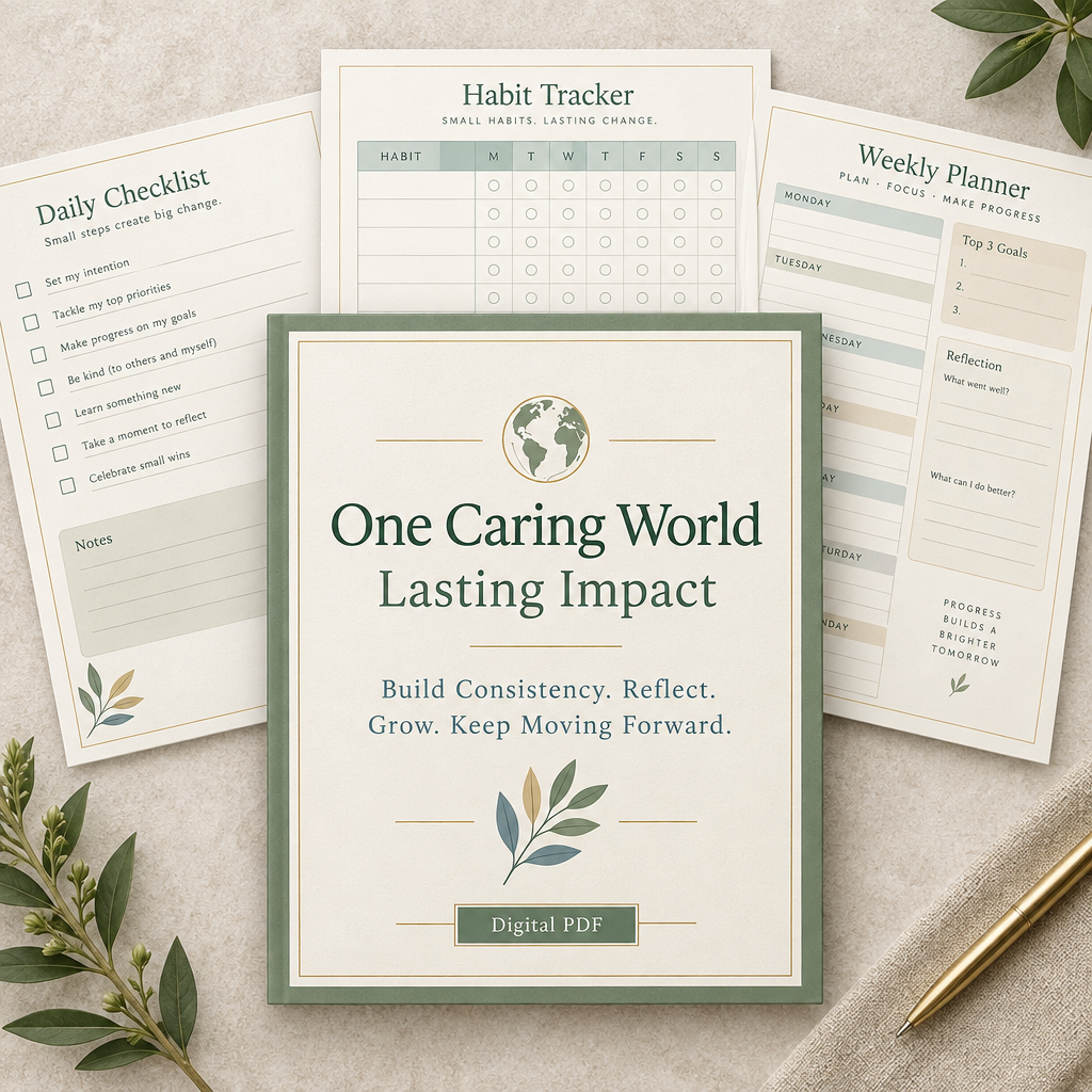 One Caring World Lasting Impact digital workbook cover and planning pages
