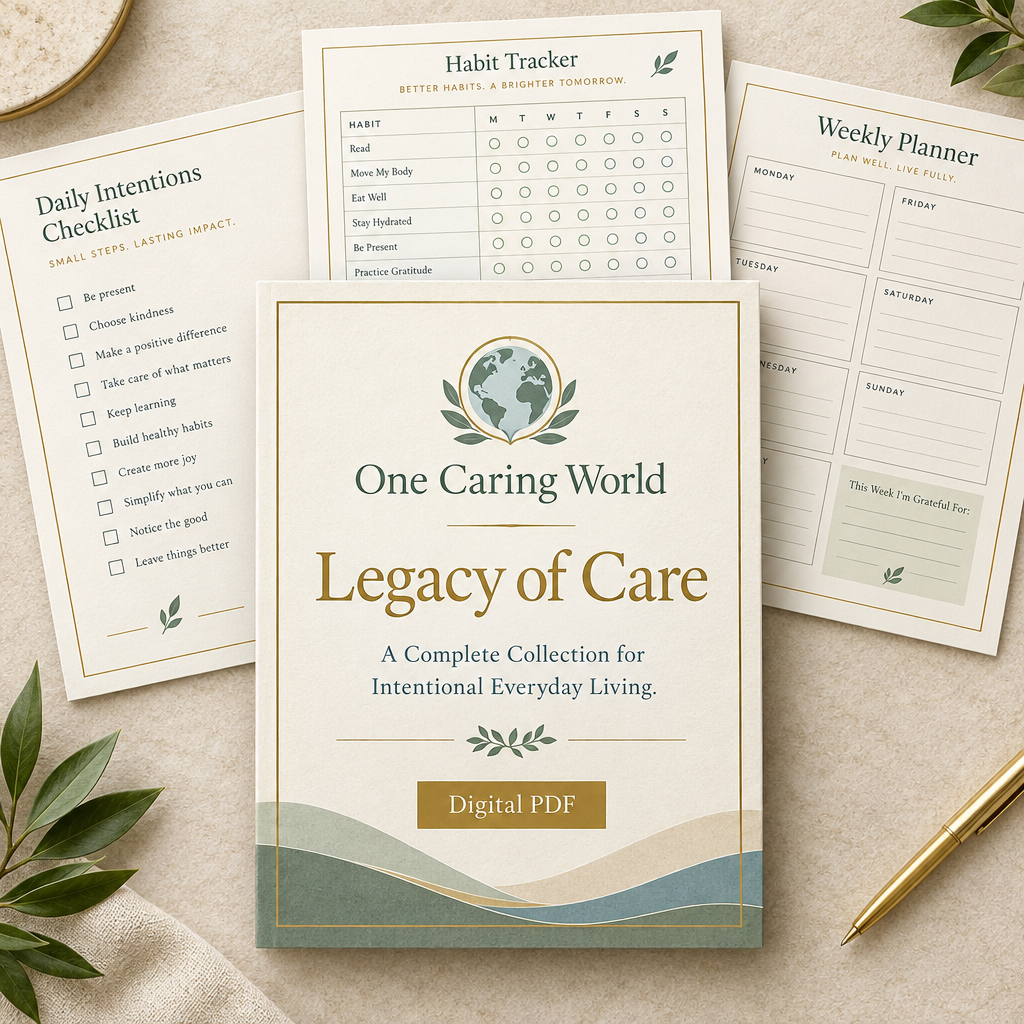 One Caring World Legacy of Care digital workbook cover and planning pages