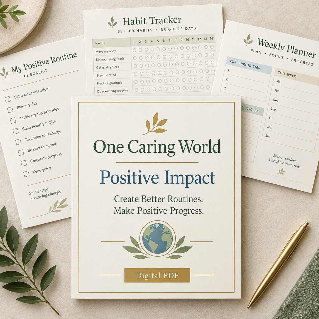 One Caring World Positive Impact digital workbook cover and planning pages